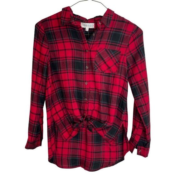 Hippie Rose Red Black Plaid Flannel Long Sleeve Button-Down Shirt Size S New - Picture 1 of 6